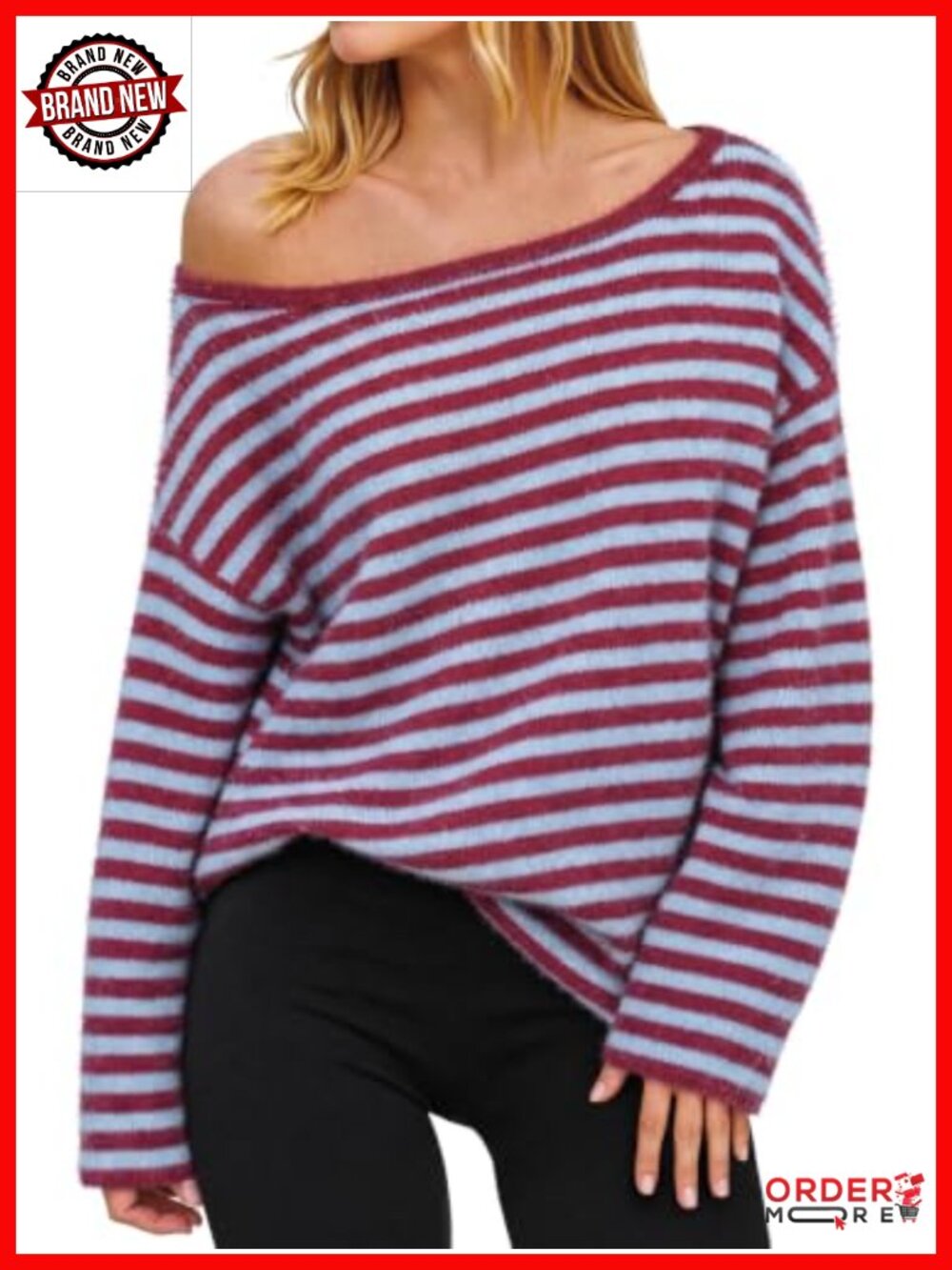 Off Shoulder Striped Knit Pullover Sweater Loose Casual Long Sleeve Top